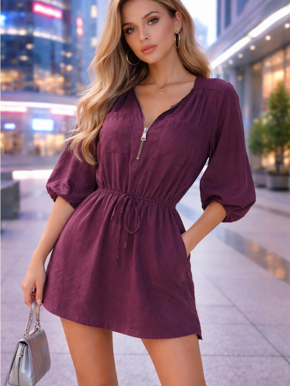 Streetwear Society Plum Drawstring Mini Dress with Front Zip